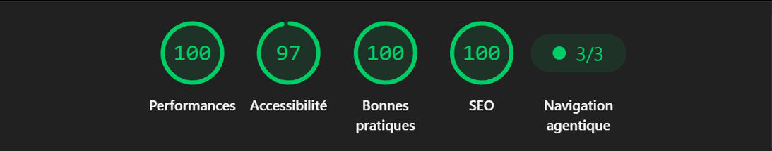 Audit Lighthouse de MEDPeinture : 100 en performance, 97 en accessibilité, 100 en bonnes pratiques, 100 en SEO, 3/3 en navigation agentique