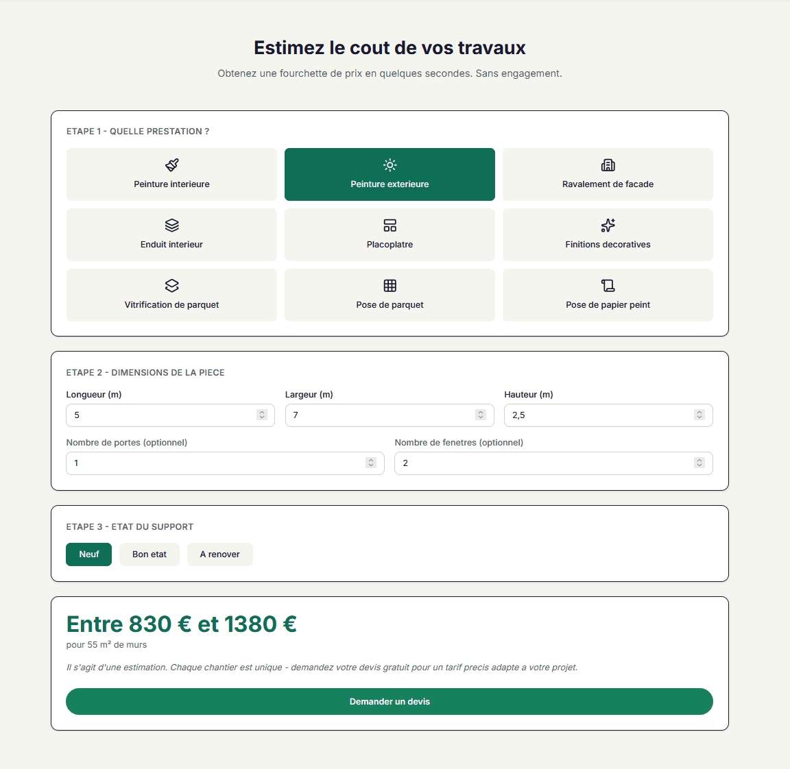 Simulateur de devis MEDPeinture affichant une estimation de prix en trois étapes